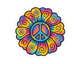 Pegatina de flor de la paz vibrante, troquelada para exteriores, ideal para portátiles, botellas de agua, coches, festivales y regalos.