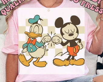 Retro Checkered Mickey and Donald Duck Fist Bump Ready to Press Transfer,  Disney Best Friends DTF Heat Press Transfers,