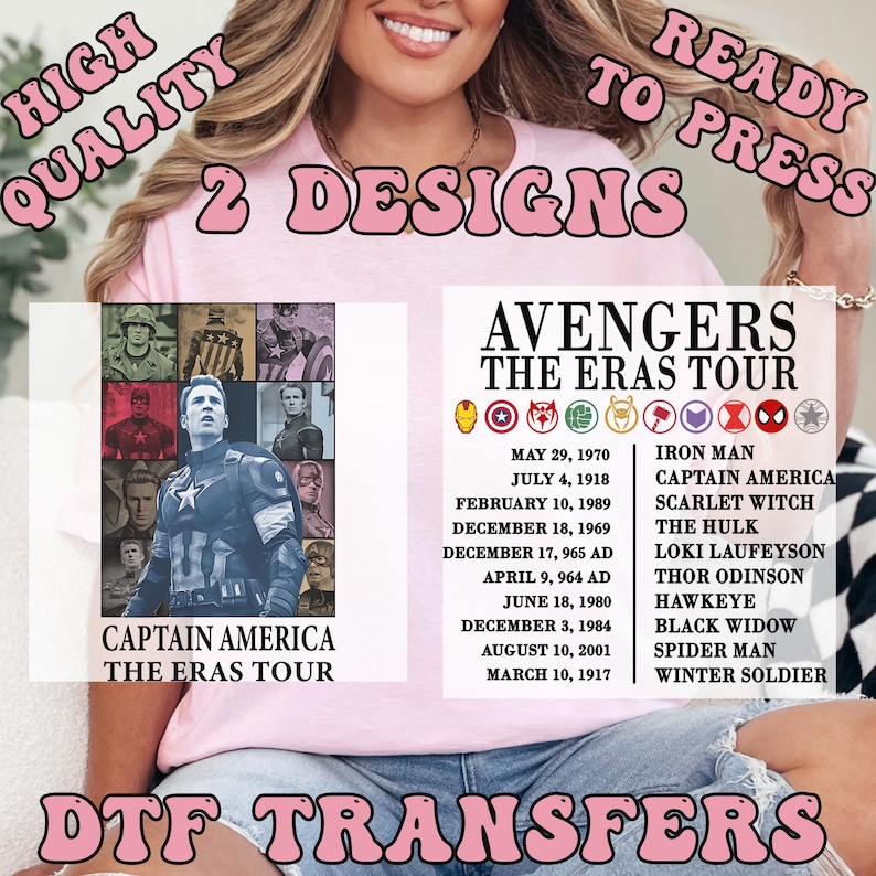 K&ouml;nnte beinhalten: Rosa DTF-Transfer mit zwei Designs: "Captain America: The Eras Tour" mit Charakterbildern und "Avengers: The Eras Tour" mit Charakternamen und Daten. Der Text "High Quality, Ready to Press, 2 Designs, DTF Transfers" ist ebenfalls sichtbar.