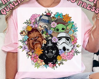 Disney Floral Star Wars DTF Transfers, Mandalorian Heat Press Transfers, Grogu, Galaxy's Edge Tee, Darth Vader, Chewbacca, This Is The Way