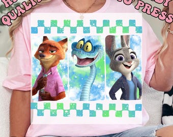 Checkered Disney Zootopia 2 DTF Transfers, Judy Hopps Nick Wilde Gary De'Snake Heat Press Transfers, Disneyland Zootopia