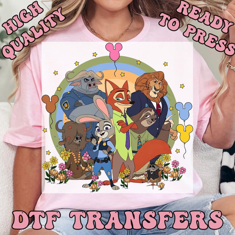 Disney Zootopia Characters DTF Transfers, Nick Wilde Judy Hopps Heat Press Transfers, Disney Family Trip, Zootopia Mickey Balloons Tee bild 1