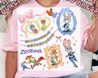 Coquette Bow Watercolor Zootopia DTF Transfers, Judy Hopps Heat Press Transfers, Nick Wilde, Welcome To Zootopia Disney, Locket Zootopia Tee