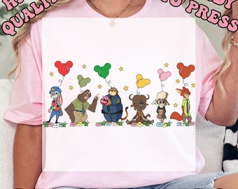 Disney Zootopia Characters DTF Transfers, Nick Wilde Judy Hopps Heat Press Transfers, Disney Family Trip, Zootopia Mickey Balloons Tee