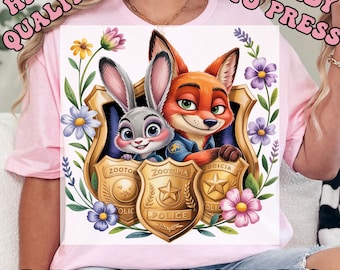 Floral Zootopia Police Badge DTF Transfers, Judy Hopps Heat Press Transfers, Nick Wilde, Welcome To Zootopia Disney, Zootopia Police Tee