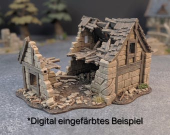 Tabletop Gelände Ruine – Zerstörtes Fachwerkhaus mit abnehmbarem Dach – 28mm 32mm Szenerie – Bespielbare Stadthaus Ruine