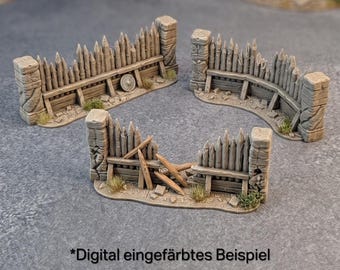 Tabletop Gelände Palisaden Set – Mittelalter Holzwall für Wargaming & Fantasy RPG – 28mm 32mm Szenerie – 3-teiliges Verteidigungswall Set