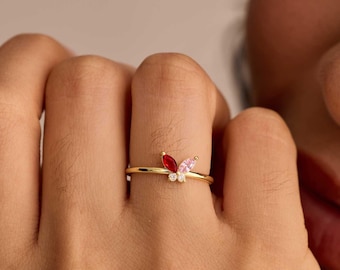 Handcrafted Butterfly Birthstone Ring, Dainty Keepsake Jewelry, Daily Ring, Mom Gift, Grandma Ring, Birthday Gift for Her, Party Ring