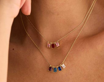 Personalized Birthstone Necklace, Rectangle Pendant Necklace,Mom Gift, Grandma Necklace, Family Gift Mothers Day Gift, Birthday Gift for Her
