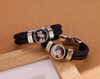 Personalized Mens Woven Leather Bracelet, Photo Bracelet, Custom Name Beaded Bracelet, Handmade Jewelry for Him Kid Boyfriend Husband Dad
