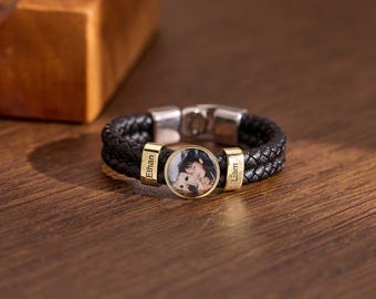 Personalized Mens Woven Leather Bracelet, Photo Bracelet, Custom Name Beaded Bracelet, Handmade Jewelry for Him Kid Boyfriend Husband Dad