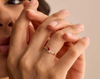 Butterfly Ring, Dainty Birthstone Ring, Daily Ring, Mom Gift, Grandma Ring, Mothers DaysGift, Birthday Gift for Her, Handcrafted Keepsake