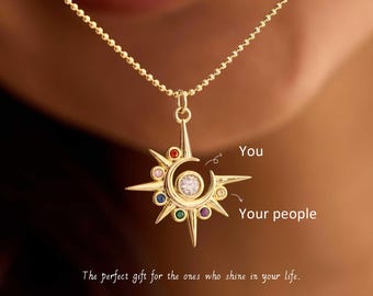 Sun Pendant Necklace, Birthstone Necklace, Mom Gift, Mothers Days Gift, Grandma Necklace, Family Gift Mom Necklace, Birthday Gift for Her