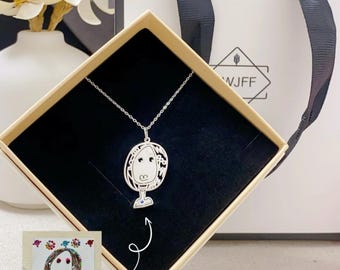 Children's Drawing Necklace, Kid's Hand-Painted Necklace, Personalized Sterling Silver Necklace, Gift for Mom and Grandma