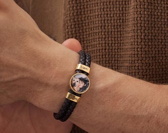 Personalized Mens Woven Leather Bracelet, Photo Bracelet, Custom Name Beaded Bracelet, Handmade Jewelry for Him Kid Boyfriend Husband Dad