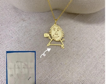 Children's Drawing Necklace, Kid's Hand-Painted Necklace, Personalized Sterling Silver Necklace, Gift for Mom and Grandma