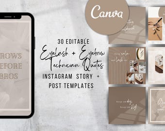 x30 Canva Instagram Templates for Lash & Brow Technicians | Boho Social Media Posts + Stories | Editable Beauty Quote Graphics