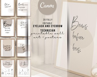 x20 Editable Boho Lash + Brow Art Prints | Neutral Salon Wall Decor | Funny Quotes for Lash Techs + Brow Artists | Printable Art Prints
