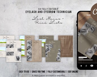 x4 Editable Lash + Brow Menu Canva Templates | Boho Designs | Price List for Lash Technicians + Brow Artists | Printable & Social Media Use