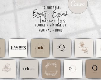x12 Business Logo & Canva Templates | Neutral Floral Minimalist Design for Beauticians, Lash Technicians, Salon Branding