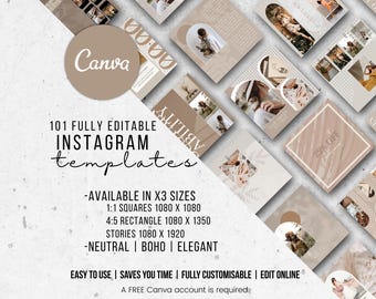 x101 Boho Instagram Templates: Canva Editable Posts & Stories (Digital Download)