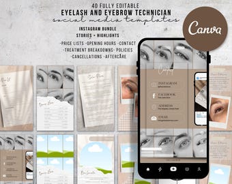 x40 Page Lash + Brow Canva Template | Editable Social Media Kit for Eyelash Technicians, Brow Artists, Salon Price List + Policies