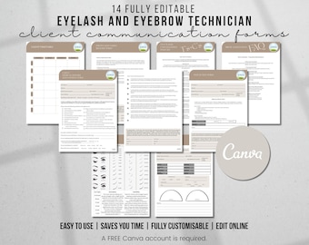 x14 Eyelash & Brow Technician Client Communication Forms Template | Canva Download | Consent, Policies, Records + FAQs for Beauty Biz