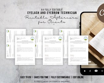 x3 Editable Aftercare Instruction Templates | Lash & Brow Tech Printable | A4 + A5 Sizes | LVL, Eyebrow Lamination, Eyelash Extensions