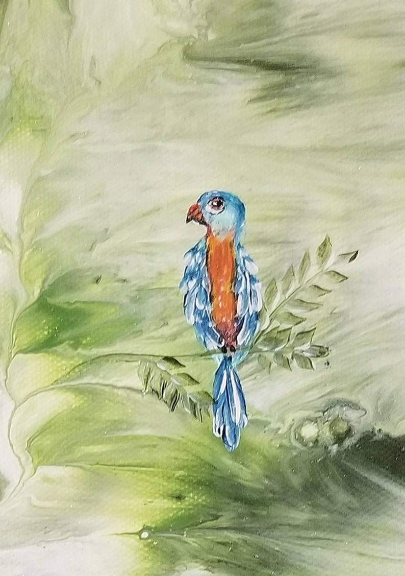 Handpainted 7x14 stretched canvas with parrot embellishment.