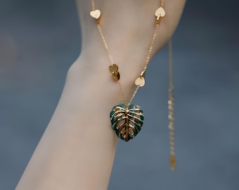Monstera Leaf Ceramic Necklace - Handmade Green Glaze Pendant, Botanical Jewelry Gift for Young Women, Mom & Teacher