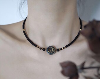 Ceramic Sun Moon Necklace, Double Sided Pendant, Celestial Jewelry, Handmade Porcelain Necklace for Women