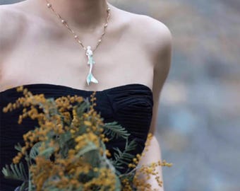 Iridescent Mermaid Ceramic Necklace - Handmade Pearl Accent Sweater Chain | Dainty Gift for Mom & Friends