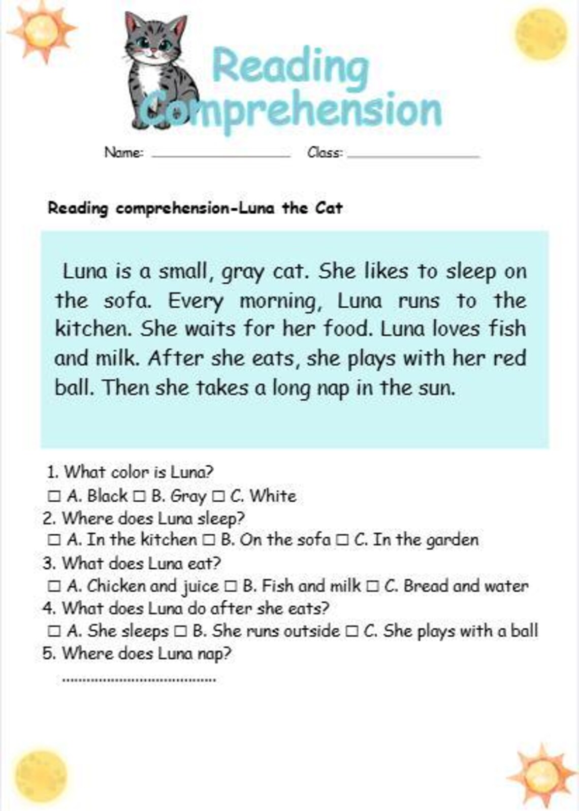 Reading Comprehension Worksheet for Kids – Luna the Cat | ESL Printable ...