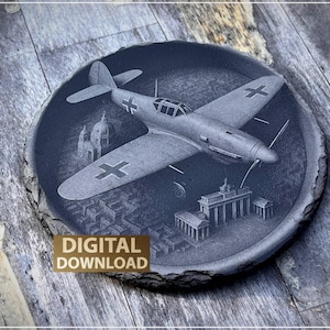 3D Messerschmitt Bf 109 WW2 Laser Engraving PNG File: Slate Coaster Design (Digital Download)