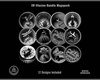 May include: A black and white image showcasing a collection of 3D illusion designs. The designs include a hummingbird, a landscape, a cross, a lighthouse, a dragonfly, a bee, a tree, a butterfly, and an airplane. The text "3D Illusion Bundle Megapack" and "12 Designs Included" are visible.