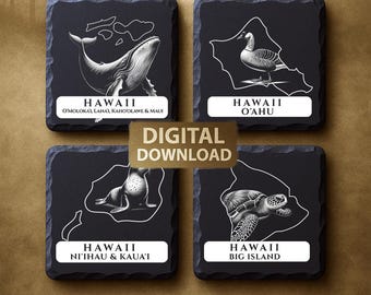 May include: Set of four square black slate coasters featuring white line drawings of Hawaiian wildlife and islands. Each coaster has a different design: whale, bird, seal, and turtle. Text includes "Hawaii" and island names.