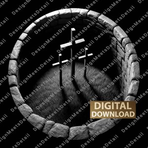May include: A black and white digital image showing three white crosses inside a circular stone structure. The scene is lit with dramatic shadows. The text "DIGITAL DOWNLOAD" is visible in a gold-colored rectangle.