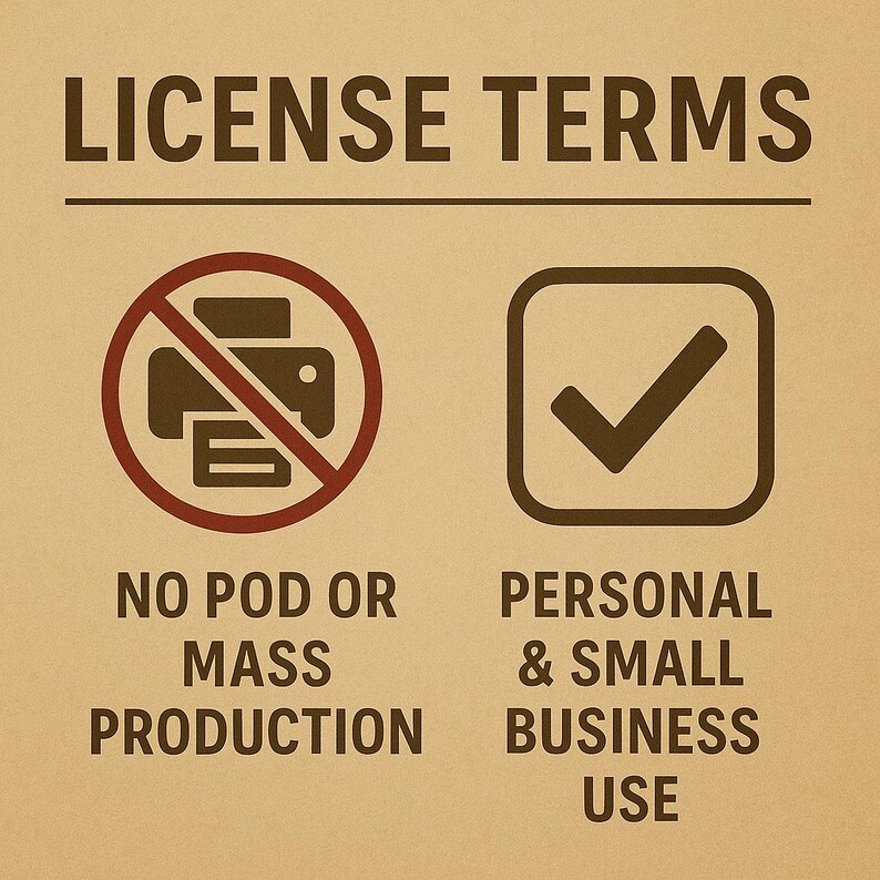 Puede incluir: Un fondo beige con las palabras "T&Eacute;RMINOS DE LICENCIA" en marr&oacute;n oscuro. Debajo, un icono de impresora tachado, con el texto "NO POD O PRODUCCI&Oacute;N EN MASA". A la derecha, un icono de marca de verificaci&oacute;n con el texto "USO PERSONAL Y DE PEQUE&Ntilde;AS EMPRESAS".