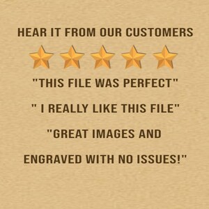 Puede incluir: Fondo beige con texto "HEAR IT FROM OUR CUSTOMERS" sobre cinco estrellas doradas. Debajo, citas de clientes: "THIS FILE WAS PERFECT", "I REALLY LIKE THIS FILE", y "GREAT IMAGES AND ENGRAVED WITH NO ISSUES!"