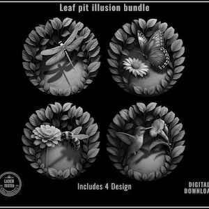 Leaf Pit 3D Illusion Bundle – Hummingbird, Dragonfly, Butterfly & Bumblebee (4 PNG Files)