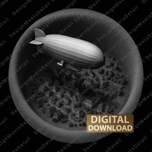 Może przedstawiać: Szara cyfrowa ilustracja sterowca unoszącego się nad miniaturowym miastem, umieszczona w teksturowanej okrągłej ramie. Obraz zawiera tekst "DIGITAL DOWNLOAD" w złotym prostokącie. Og&oacute;lny motyw to lotnictwo w stylu vintage.