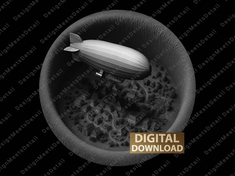 Może przedstawiać: Szara cyfrowa ilustracja sterowca unoszącego się nad miniaturowym miastem, umieszczona w teksturowanej okrągłej ramie. Obraz zawiera tekst "DIGITAL DOWNLOAD" w złotym prostokącie. Og&oacute;lny motyw to lotnictwo w stylu vintage.