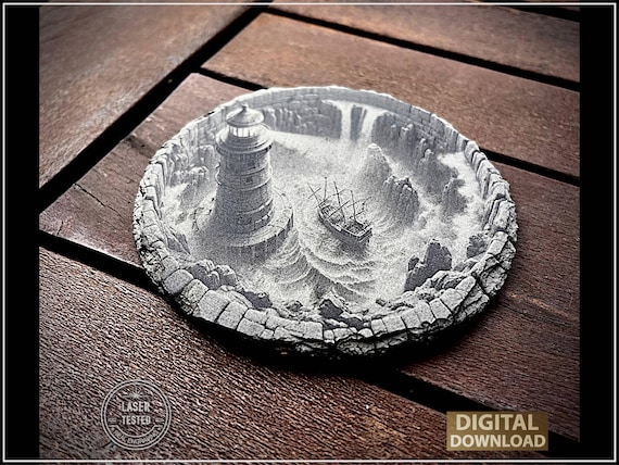 3D illusion "Lighthouse in the well", Engrave, Laser Ready, Diode, C02, Fiber lasers, Sailing Ship