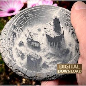 Ilusión 3D "Faro y velero" – Grabado láser en escala de grises / Diodo, CO2, compatible con fibra