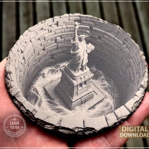 Estatua de la Libertad, ilusión 3D, grabado láser PNG: imagen con efecto de profundidad en escala de grises para pizarra