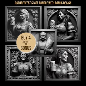 May include: A monochrome slate bundle featuring four framed relief sculptures of people holding beer steins, with a bonus design. The sculptures are in the style of classical art, with detailed floral borders. The text "BUY 4 AND GET 1 AS BONUS" is also included.