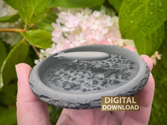3D illusion Zeppelin Airship over the village| engraving design - Laser Ready high contrast PNG file