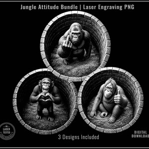 Peut inclure: Un graphique numérique en noir et blanc intitulé Jungle Attitude Bundle | Laser Engraving PNG montrant trois puits circulaires en briques. Chaque puits contient un primate : un gorille faisant un doigt d'honneur, un chimpanzé formant un cœur et un orang-outan faisant un pouce levé.