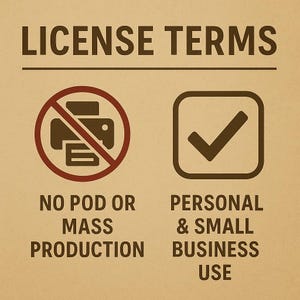 Może przedstawiać: Beżowe tło z napisem "WARUNKI LICENCJI" w kolorze ciemnobrązowym. Poniżej przekreślona ikona drukarki z napisem "BRAK POD LUB MASOWEJ PRODUKCJI". Po prawej stronie ikona znaku wyboru z napisem "UŻYTEK OSOBISTY I MAŁY BIZNES".