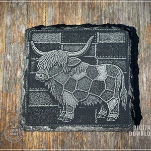 Highland Cow Trendy Faux Patchwork 3D Illusion PNG | Laser Engraving Design | Farm Animal Digital Download | Slate Coaster File